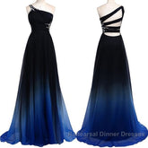 One Shoulder Navy Blue Royal Blue Ombre Gradient Color Chiffon Long Ombre For Sweet 16 Semi Formal Dress
